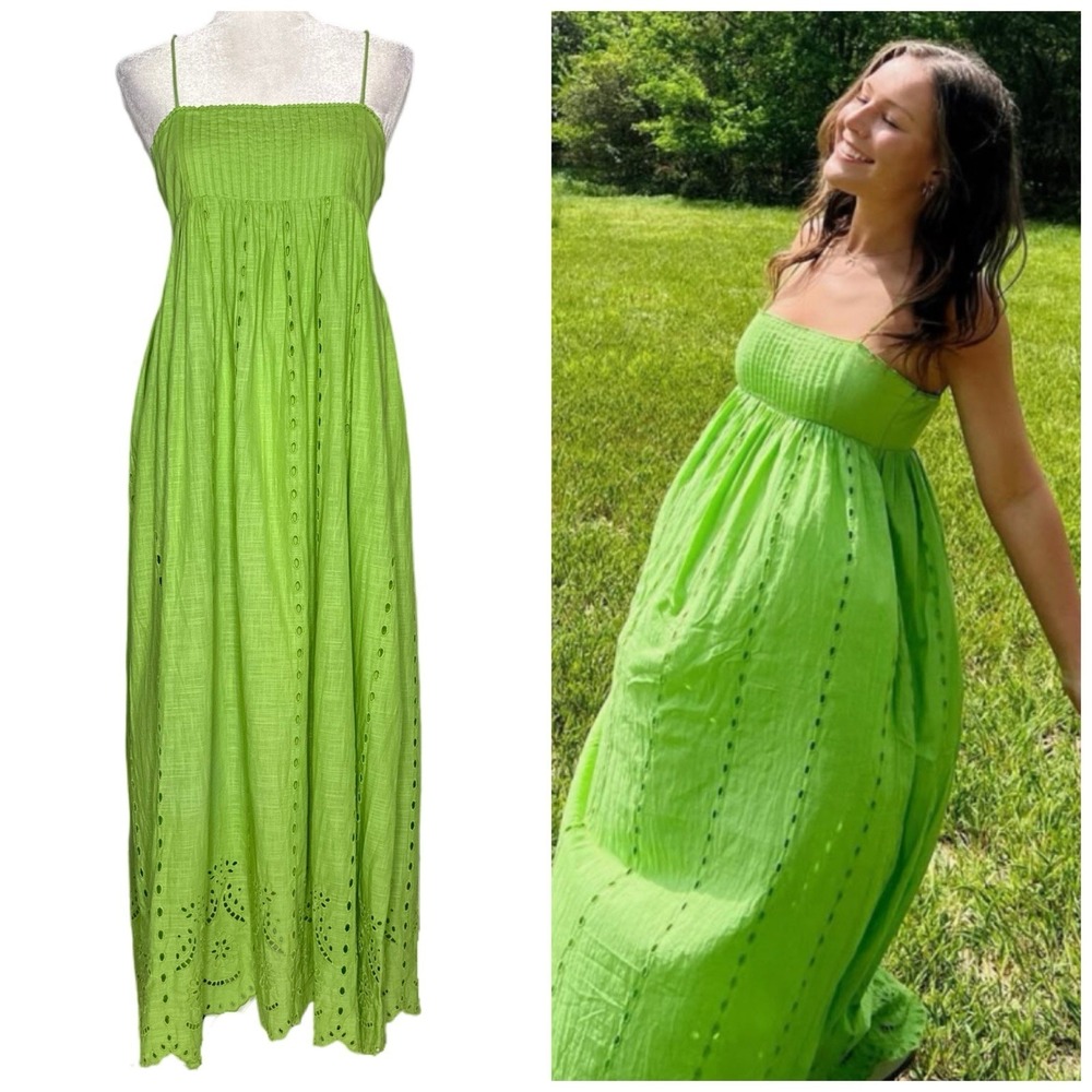 Zara Maxi Dress M Long Green Babydoll Juliette Eyelet 100% Cotton Lined Cottage